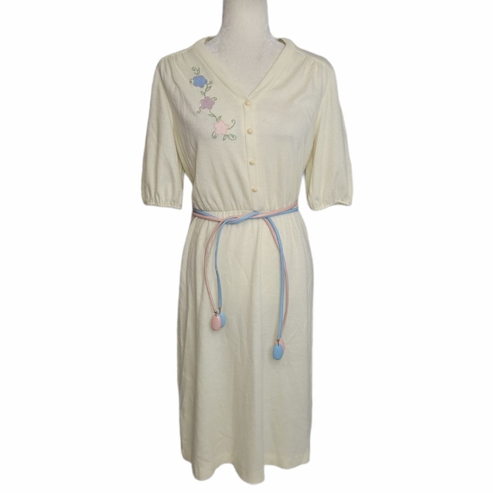 VINTAGE 70s dress cream ivory floral button‎ up belted soft midi S